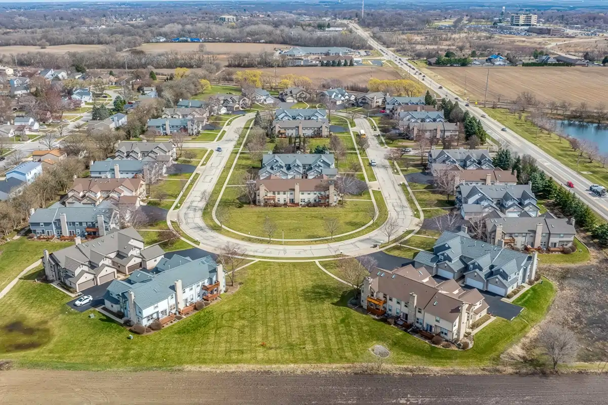 Aerial view of the community in the winter